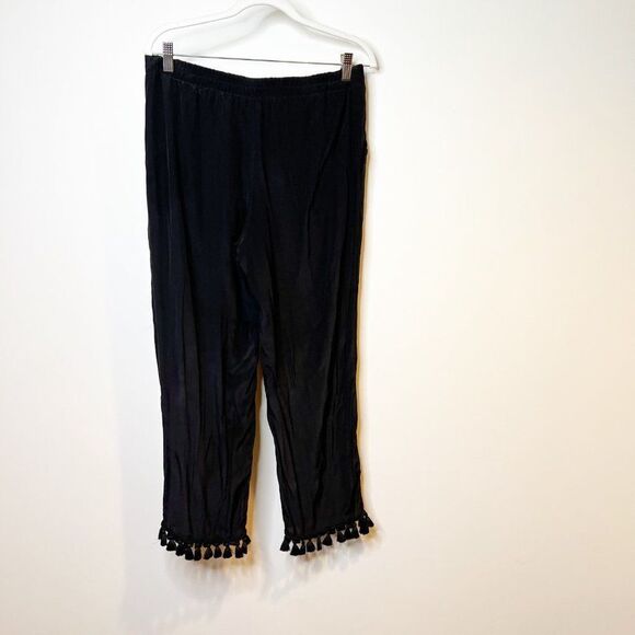 Club Monaco Womens Black Silk Tassel Elastic Waist Wide Leg Cropped Pant Size 8 - Picture 2 of 7